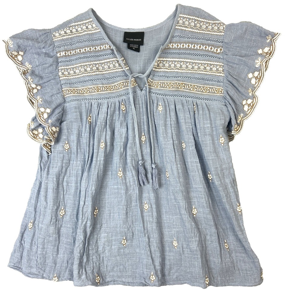 Liv Los Angeles Embroidered Blue Top Size XL Tassels Boho 100% Cotton Breezy